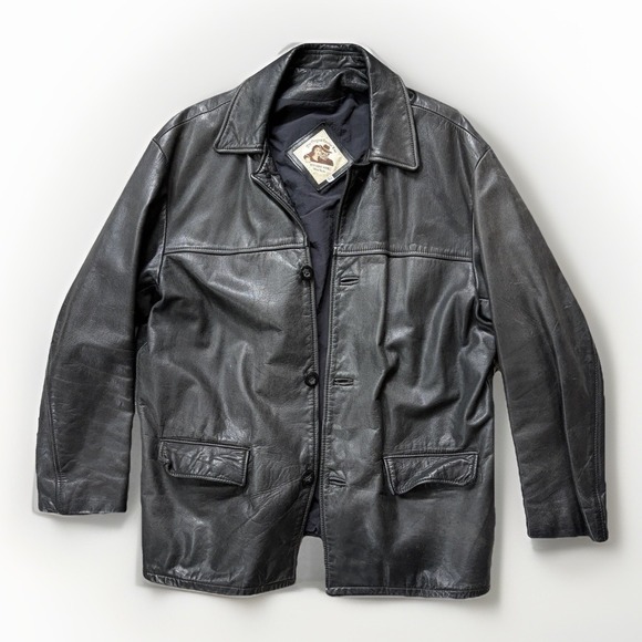 Vintage Full Grain Leather Jacket Mens Size 42 Large Black Button Up Goth Grunge